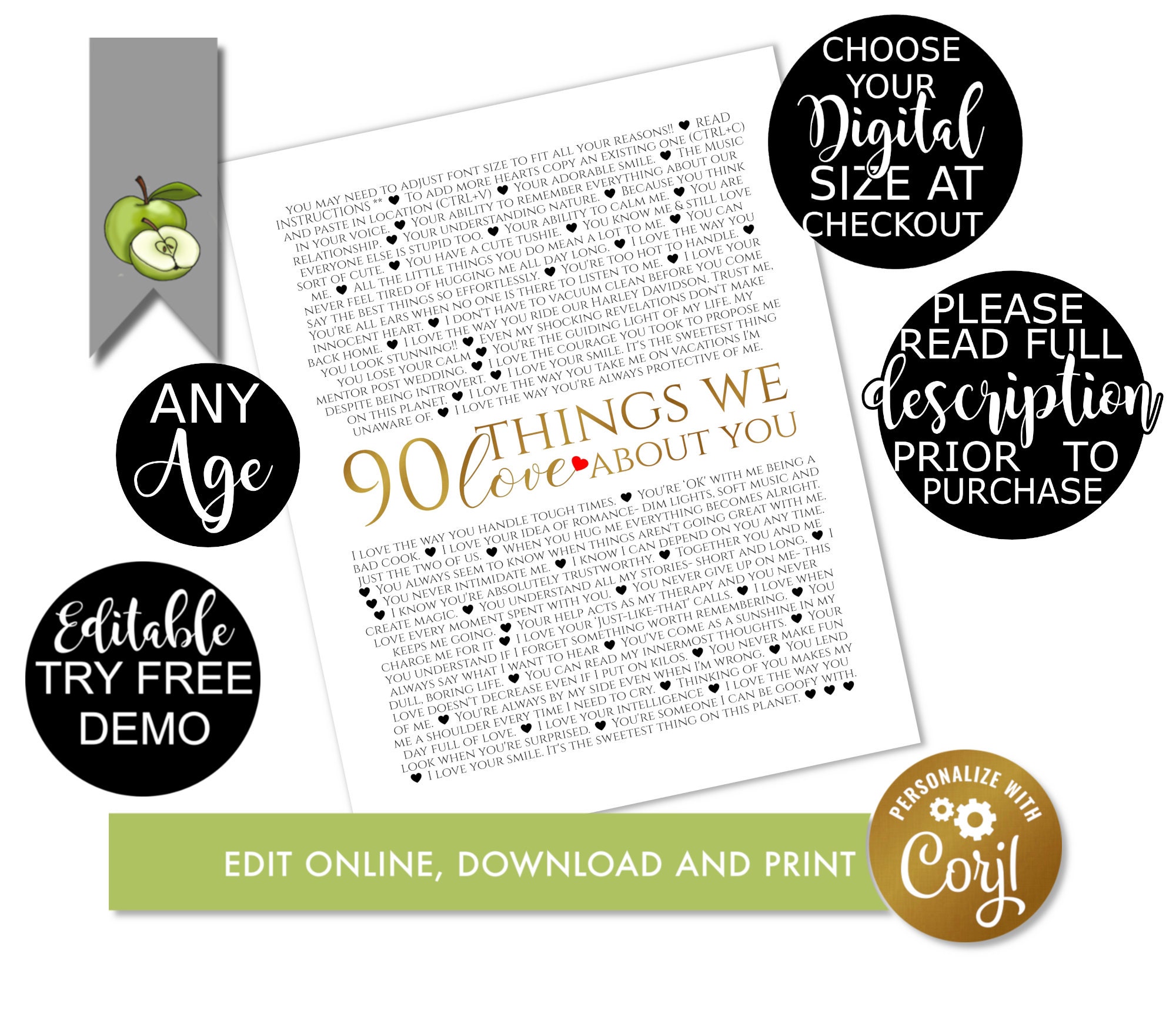 90 Reasons We Love You 90th Birthday Editable Template - Etsy