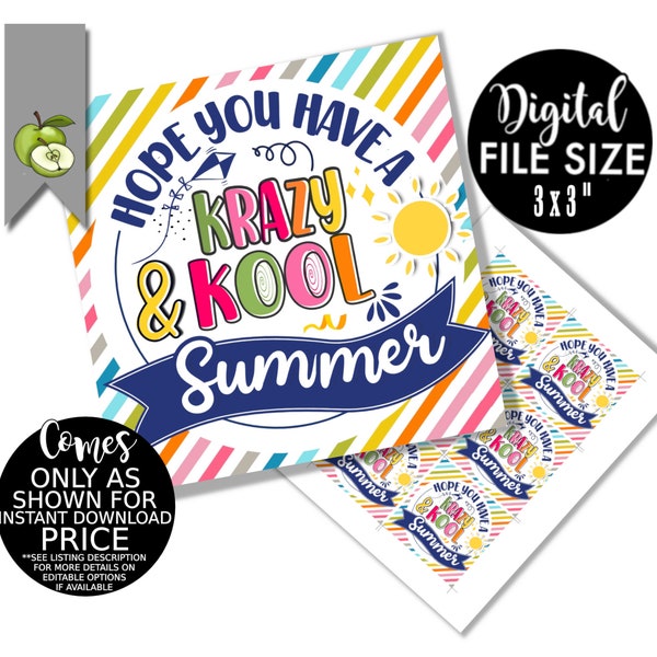 Hope you have a krazy & kool summer!, crazy  class gift, goodbye class gift, end of school, printable student gift tag, INSTANT DOWNLOAD