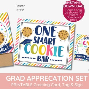 Smart Cookie Graduation Sign-tag en kaartenset Afdrukbaar Sweet Treat-decor, bord voor afgestudeerde kleuterschool, Bar grad-feest, Zoete afstudeertraktatie