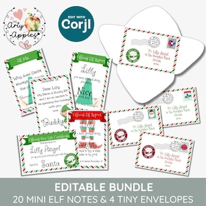 May include: An editable bundle of 20 mini elf notes and 4 tiny envelopes featuring Christmas-themed designs with red and green striped borders. The notes include text such as Official Elf Report, Official Nice List Certificate, and Elf Joke.