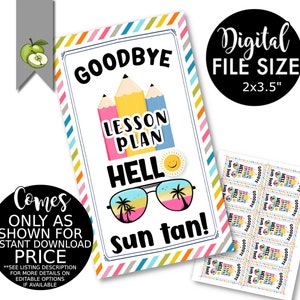 goodbye lesson plan hello sun tan teacher appreciation gift tag, Last Day of School Thank You Card Printable, End of The Year, bright summer