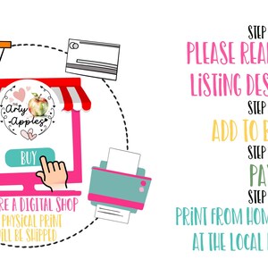 May include: A pink computer screen with a red awning and the text "Arty Apples" and "Buy". The screen is surrounded by a circle with a shopping cart, a credit card, a magnifying glass, and a printer. The text "We are a digital shop. No physical print will be shipped." is below the screen. The text "Step 1: Please read the full listing description. Step 2: Add to basket. Step 3: Pay. Step 4: Print from home, online or at the local print shop." is on the right side of the image.