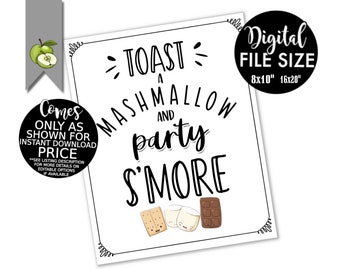 toast a marshmallow and party s'more, wedding party s'more bar Sign, Printable digital download, Bridal shower, s'more, C4K
