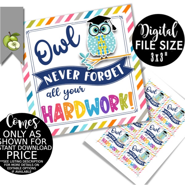 teacher appreciation owl never forget all your hard work gift tag, Teacher Appreciation, staff appreciation week, thank you tag, Printable