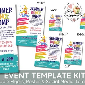 Op de afbeelding: Een set bewerkbare sjablonen voor een zomer danskamp. De sjablonen omvatten flyers, posters en social media graphics. De sjablonen hebben een kleurrijk ontwerp met een cartoon danser en de tekst "Summer Dance Camp".