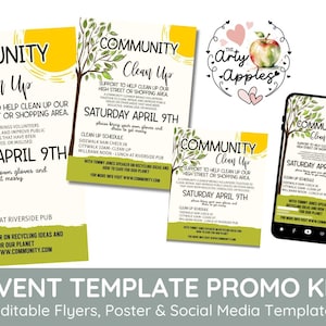 Editable Community clean up theme, tidy up streets , green issues, litter picking, includes social media templates, PTA, Community garden