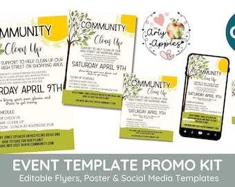 Editable Community clean up theme, tidy up streets , green issues, litter picking, includes social media templates, PTA, Community garden