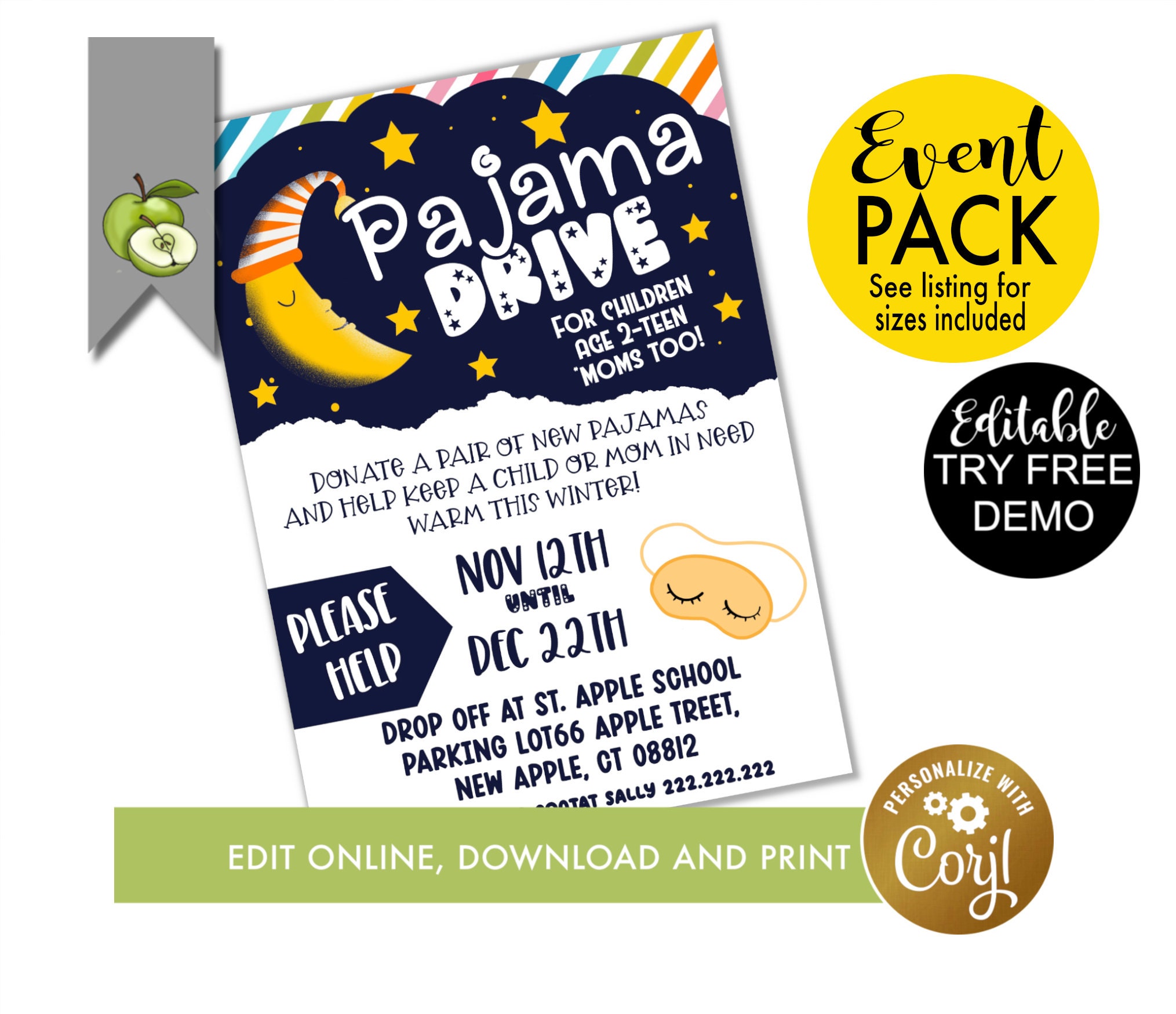 Editable Pajamas drive PJ party flyer sleepwear required 