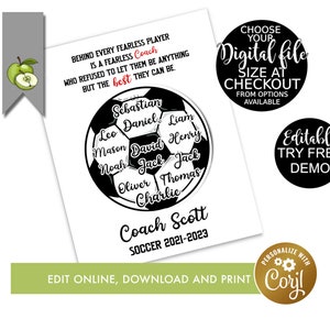 Soccer ball coach thank you team gift, editable, Soccer printable, team, Team Soccer Awards, soccer ball  team, coach gift, appreciation