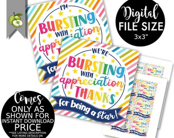 bursting with Appreciation printable star gift tags, teacher burst volunteer thank you, instant download, staff employee boss, mentor.