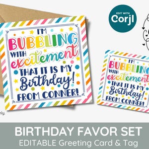 Editable Bubbling with excitement party favor printable gift tag, bubbles birthday favours, 3x3nches round, bubbles, edit yourself corjl