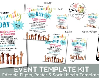 Editable Community Day flyer template, digital download block party event poster,  Neighborhood party church congregation, town Invitation,