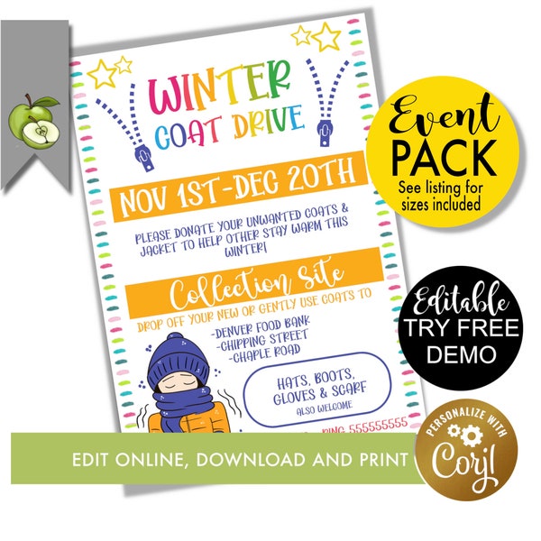 Editable winter coat drive flyer, Editable people in need, homeless flyer Template, PTA theme, PTO event poster, Printable poster or flyer