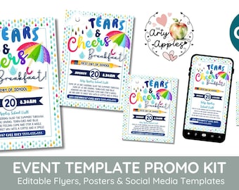 tears and cheers back to school poster, Editable boo hoo breakfast Template, raindrop theme, event poster, kindergarten, PTA, PTO