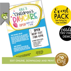 Editable Daycare Flyer Template - Fun Playtime Theme for Kids! PTO Event, Afterschool Care, Holiday Design baby sitting poster, kids holiday