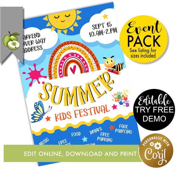 editable summer kids festival Flyer Template, spring camp, summer festival theme, spring break poster, digital download, PTO, church