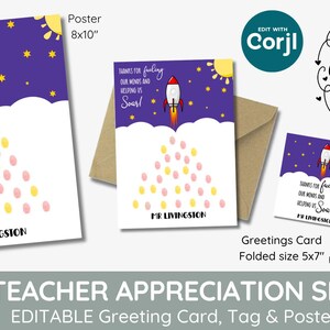 Carte-cadeau et étiquette du cours d'appréciation des enseignants avec empreinte digitale de fusée, modèle modifiable d'empreinte digitale imprimable hors de l'espace, assistant pédagogique.