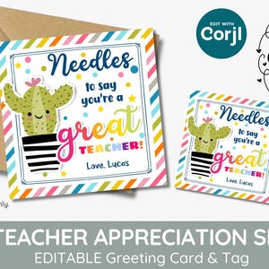 Carte et étiquettes modifiables pour cadeau d'école de cactus, cadeau de plante, AIGUILLES pour dire que vous êtes un excellent professeur, impression de fin d'année imprimable Merci
