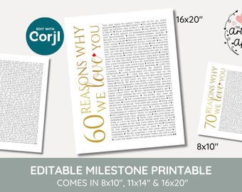 Plantilla editable con 60 razones por las que te amamos, todas las cosas que amamos de ti, razones por las que te amamos, cosas favoritas, recuerdos, imprimible M9
