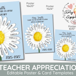 Geschenk des Lehrers: Bearbeitbare Daisy-Klassennamenkarte - Zeigen Sie Ihre Dankbarkeit, helfen Sie uns zu wachsen, perfekter Ruhestand oder Klasse, Woche der Lehreranerkennung