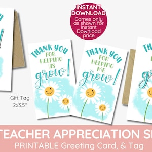 Bedankt dat je ons hebt geholpen om een afdrukbaar cadeaukaartje en -kaartje te laten groeien, Daisy Teacher Appreciation, PTO van de vrijwilligersschool, bedankt, eindejaar,