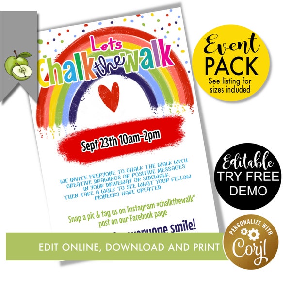 editable chalk the walk template, school PTO PTA chalk art, Kids positive kindness activity, Editable Template, PTO, Church fundraiser