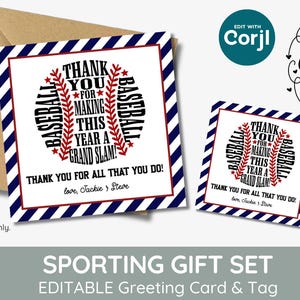 etiqueta de presente e cartão de agradecimento de beisebol editável, Semana de agradecimento à equipe do treinador da escola, Obrigado por fazer deste ano um Grand Slam