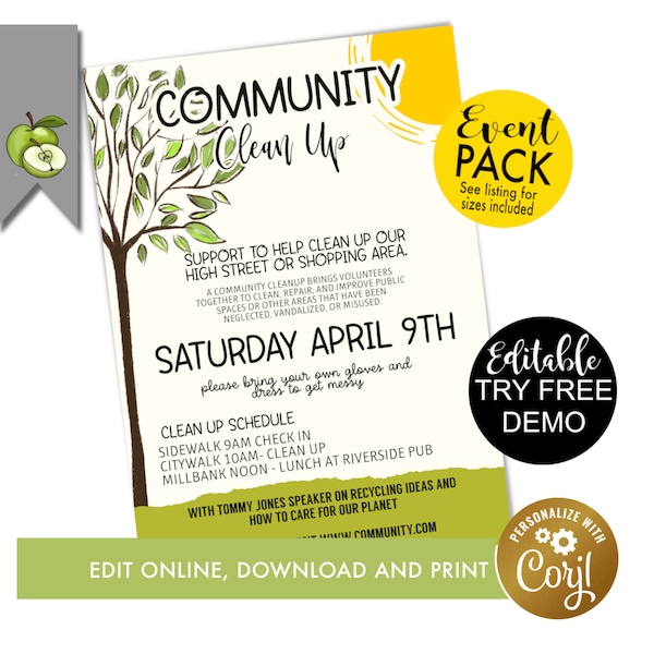 Editable Community clean up theme, tidy up streets event poster, green issues, litter picking,  poster, PTA, PTO, Community event- garden