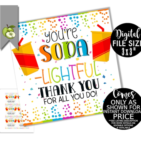 Soda Thank You, soda-lighted, back to school tag, fun year, new teacher tag,  student, teacher printable tag, favor tag, INSTANT DOWNLOAD