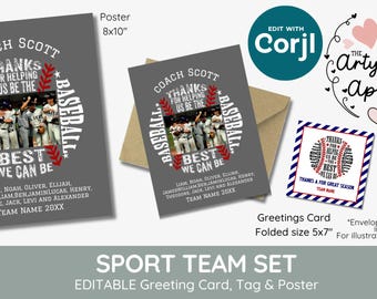 Baseball coach thank you team gift, editable tag and card, Baseball printable, photo team, sport Awards, teeball photo, softball photo