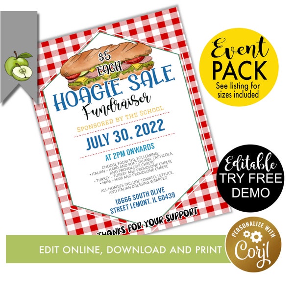 Editable Hoagie sale fundraising flyer, social media Fundraiser Digital Invite, , charity Auction, Church, School Event editable