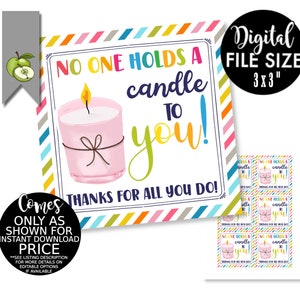 Candle gift tag, Teacher Appreciation, best teacher, candle to you,best teacher, no-one holds a candle Gift Tag, Thank you, INSTANT DOWNLOAD