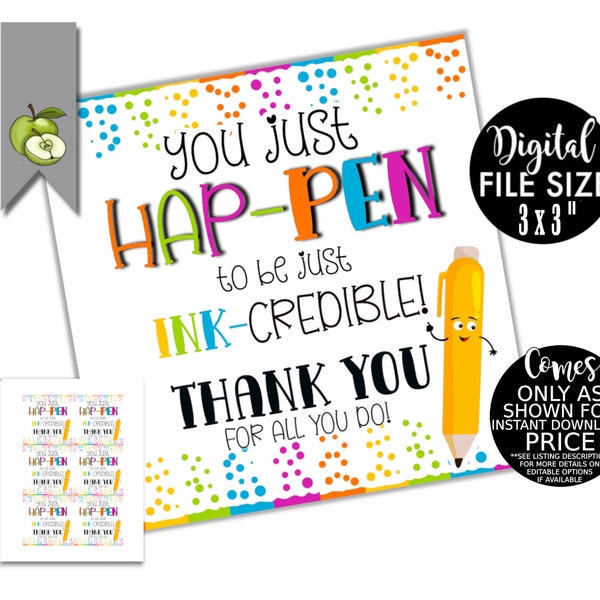 Pen quote gift tag, teacher favor gift tags. teacher instant Download, Printable pen gift tags, New teacher, love our teacher, ink-credible