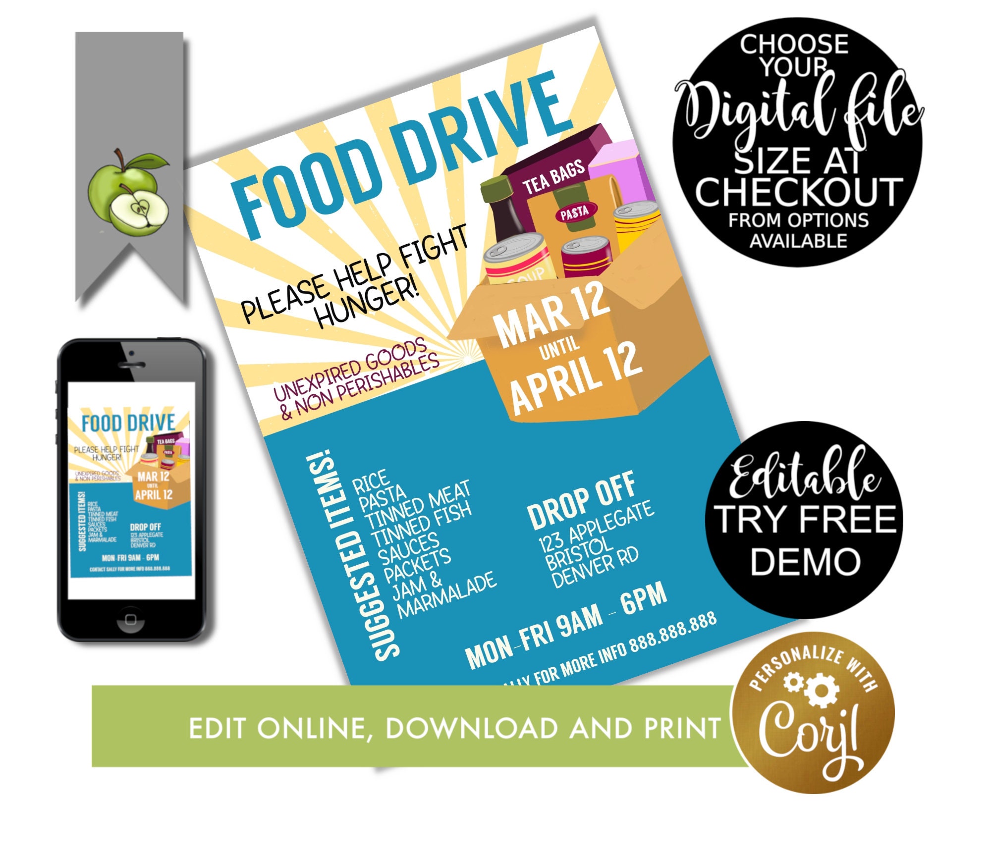 editable FOOD drive Flyer Template, school church collection, food bank  poster, feed the poor, digital download event, PTA PTO Fundraiser Regarding Food Drive Flyer Template