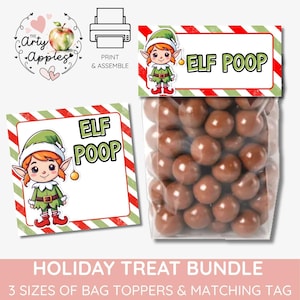 Puede incluir: Una bolsa de plástico transparente llena de dulces redondos de chocolate marrón, rematada con una etiqueta de papel rectangular con un elfo de dibujos animados y el texto ELF POOP. Se muestra una etiqueta cuadrada a juego.