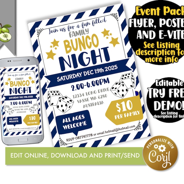 Editable BUNCO night  poster,  e-vite Bunco invitation, PTO fundraiser, dice game, bunco game night, PTA, bunco, digital download