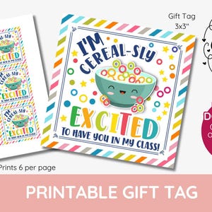 Etiqueta de regalo imprimible: ¡Estoy súper emocionada de tenerte en mi clase! Etiqueta de regalo imprimible para el regreso a clases, etiqueta de regalo imprimible para un capricho de cereal, club de cereales para el desayuno.
