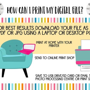 Puede incluir: Una ilustraci&oacute;n amarilla y blanca con el texto "HOW CAN I PRINT MY DIGITAL FILE?" La ilustraci&oacute;n muestra un sill&oacute;n azul con un port&aacute;til rosa en el reposabrazos, una impresora con una hoja de papel blanca y un cactus en una maceta. El texto "FOR BEST RESULTS DOWNLOAD YOUR FILE AS A PDF OR JPG USING A LAPTOP OR DESKTOP PC" tambi&eacute;n est&aacute; incluido.