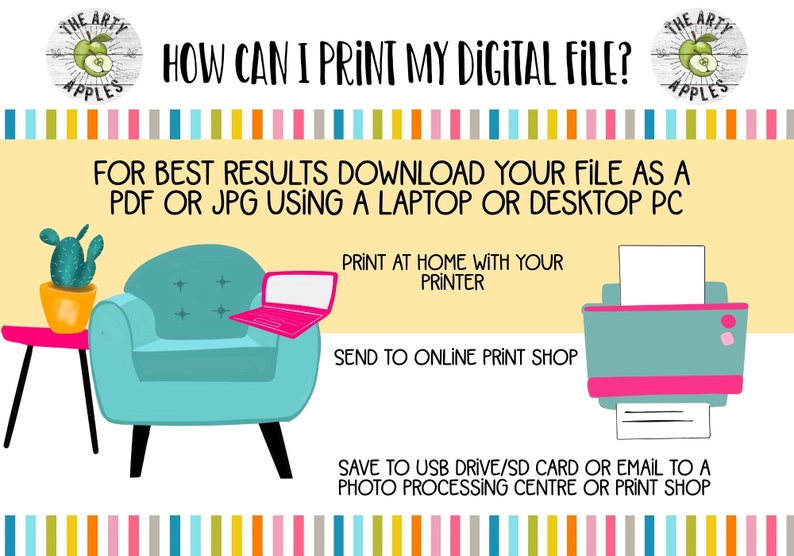 Puede incluir: Una ilustraci&oacute;n amarilla y blanca con el texto "HOW CAN I PRINT MY DIGITAL FILE?" La ilustraci&oacute;n muestra un sill&oacute;n azul con un port&aacute;til rosa en el reposabrazos, una impresora con una hoja de papel blanca y un cactus en una maceta. El texto "FOR BEST RESULTS DOWNLOAD YOUR FILE AS A PDF OR JPG USING A LAPTOP OR DESKTOP PC" tambi&eacute;n est&aacute; incluido.