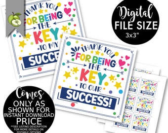 Thanks for being the KEY to my success, Appreciation, successful students, Volunteer Key Labels, Staff Employee, Printable Instant download