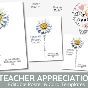 Tarjeta de regalo personalizada y editable para agradecimiento a profesores, agradecimiento de fin de curso, guardería, plantilla floral con margaritas para imprimir en clase.