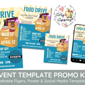 editable FOOD drive Flyer, school church collection, food bank, feed the poor,  event include social media templates, PTA PTO Fundraiser