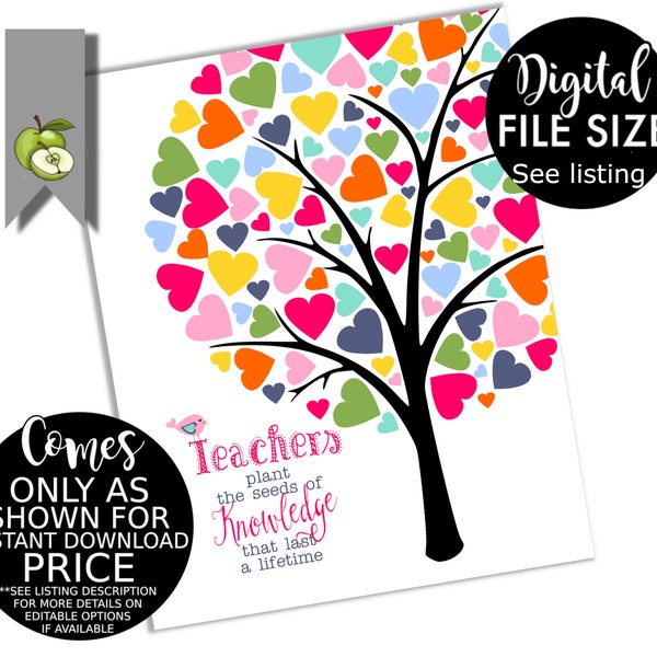 Teacher Appreciation Gift: Signature Heart Tree Art Print - Thank You Teacher Rainbow Printable - Retirement Present Instand download