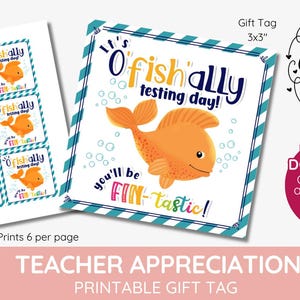 Goldfish printable gift tag, It&#39;s o’fish’ally testing day, class teacher SATs exam motivation, grades, jelly fish, cracker, INSTANT download