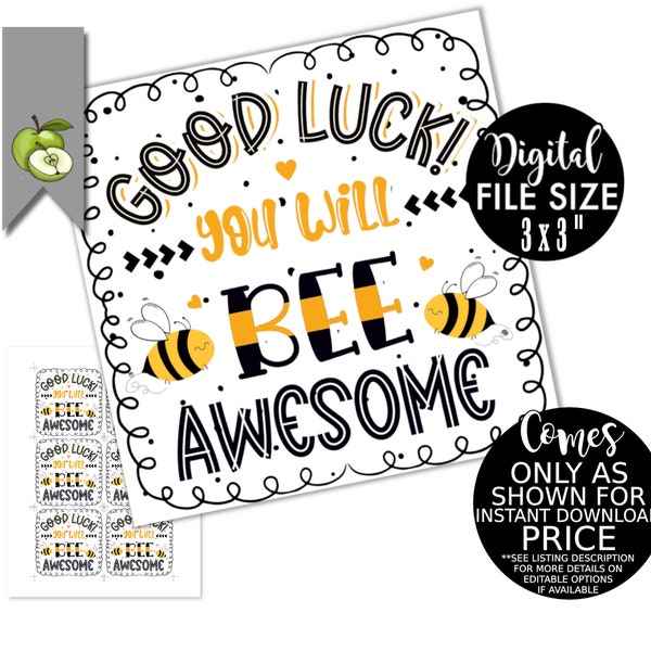 Good Luck Bee Gift Tag - Digital Download for Students - Positive Encouragement for Exams, New Job, End of School Year  INSTANT DOWNLOAD
