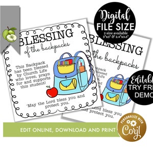 Puede incluir: Una descarga digital imprimible para una etiqueta de bendici&oacute;n de mochilas. La etiqueta presenta una mochila azul y amarilla con libros y l&aacute;pices en su interior. El texto en la etiqueta dice "Bendici&oacute;n de las mochilas. Esta mochila ha sido bendecida por Church Life que ama, reza por y apoya a este estudiante! Que el Se&ntilde;or te bendiga y te proteja."