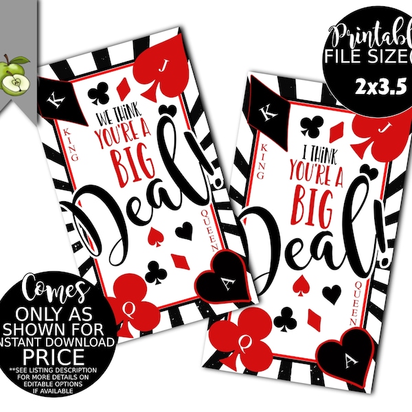 Deck of Cards, thank you, we think your a big deal, Playing cards gift tags, deck gift tags, Spades, Diamonds, Clubs, instant download