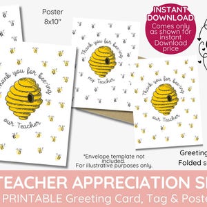 Bumble bee Teacher Appreciation cadeaukaart en poster, afdrukbaar, kleuterschool, bedankt dat je in mijn leraarskorf bent geweest, vingerafdruk bijenkorf