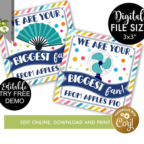 Biggest Fan editable gift tag, teacher appreciation, template printable corjl, class gift, Valentine friends, end of school year, students