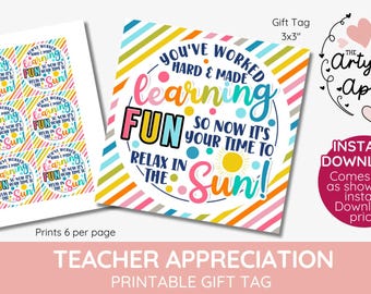 You have worked hard gift tags, made learning fun, summer sun, end of year tag, beach tote, Teacher gift tag,  Thanks, Printable DOWNLOAD